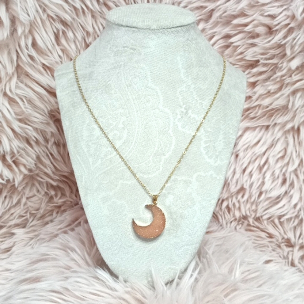 Crescent Moon Pink Druzy Gold Plated Necklace